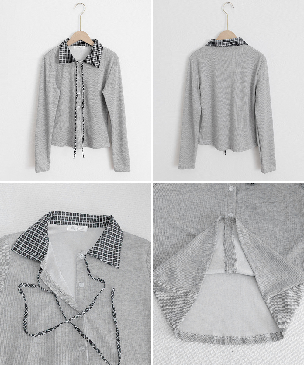 30代ファッション チェック襟リボンタイニットカーディガン