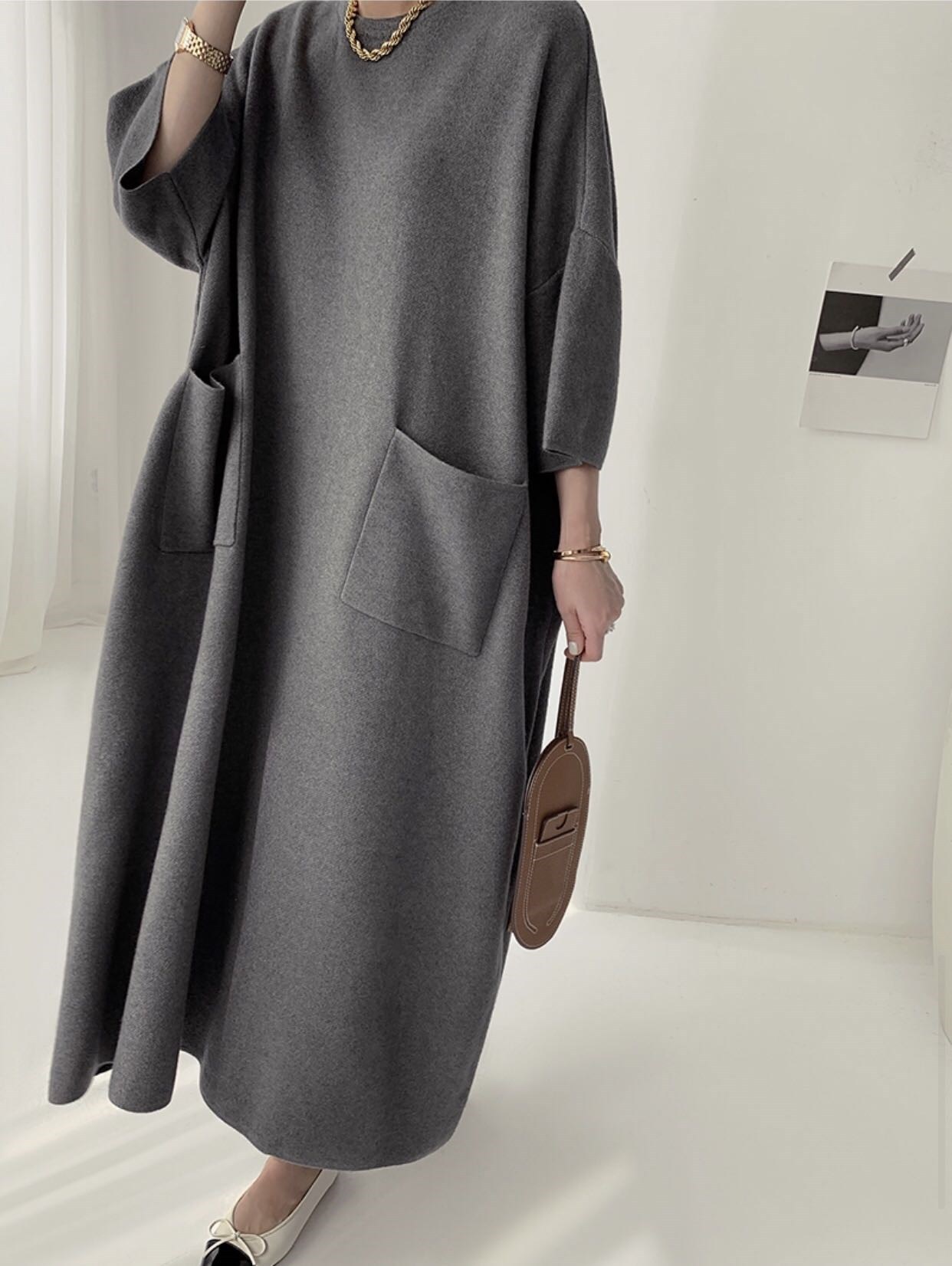 30代ファッション 厚手ニットワンピース 体型カバー ロング丈 レディース