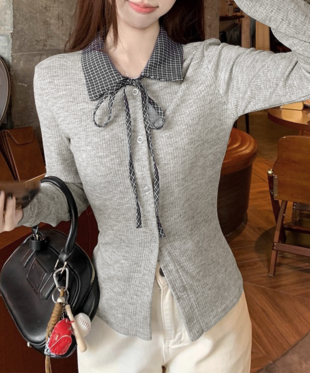30代ファッション チェック襟リボンタイニットカーディガン