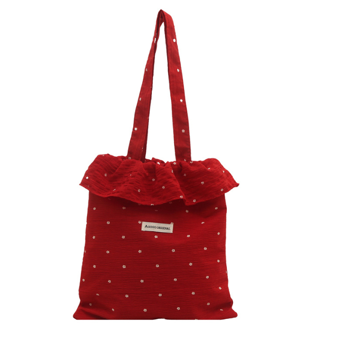 30代ファッション 水玉柄フリル付きトートバッグ帆布素材