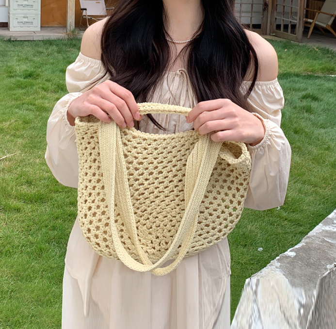 30代ファッション 編み込みロープバッグ リボン付きかごトート