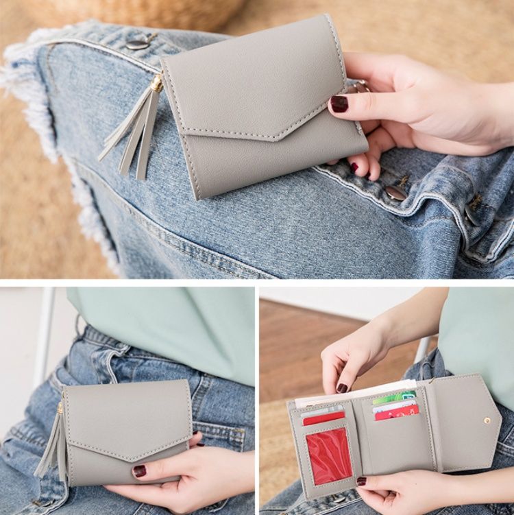 三つ折り 房飾り付き上品な三つ折りコンパクト財布