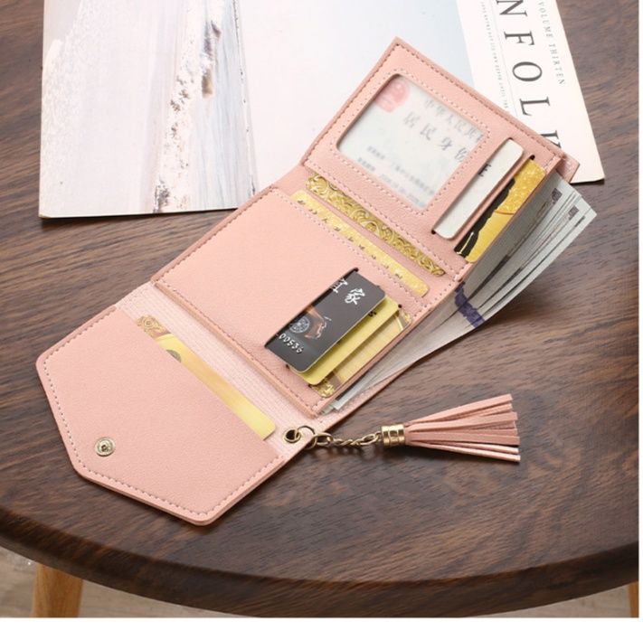 小さなハート刺繍タッセル付きコンパクト三つ折り財布