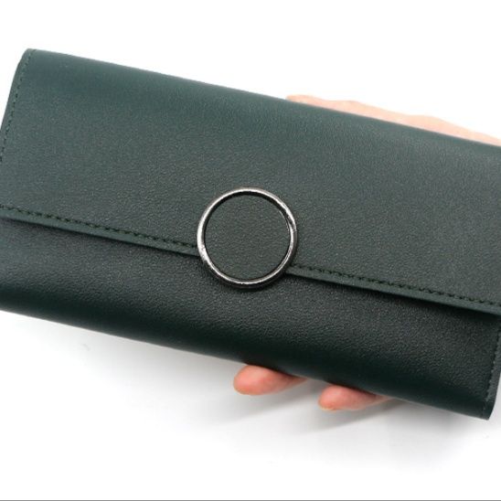 三つ折り 財布 円形金具付き上質合成皮革三つ折り長財布