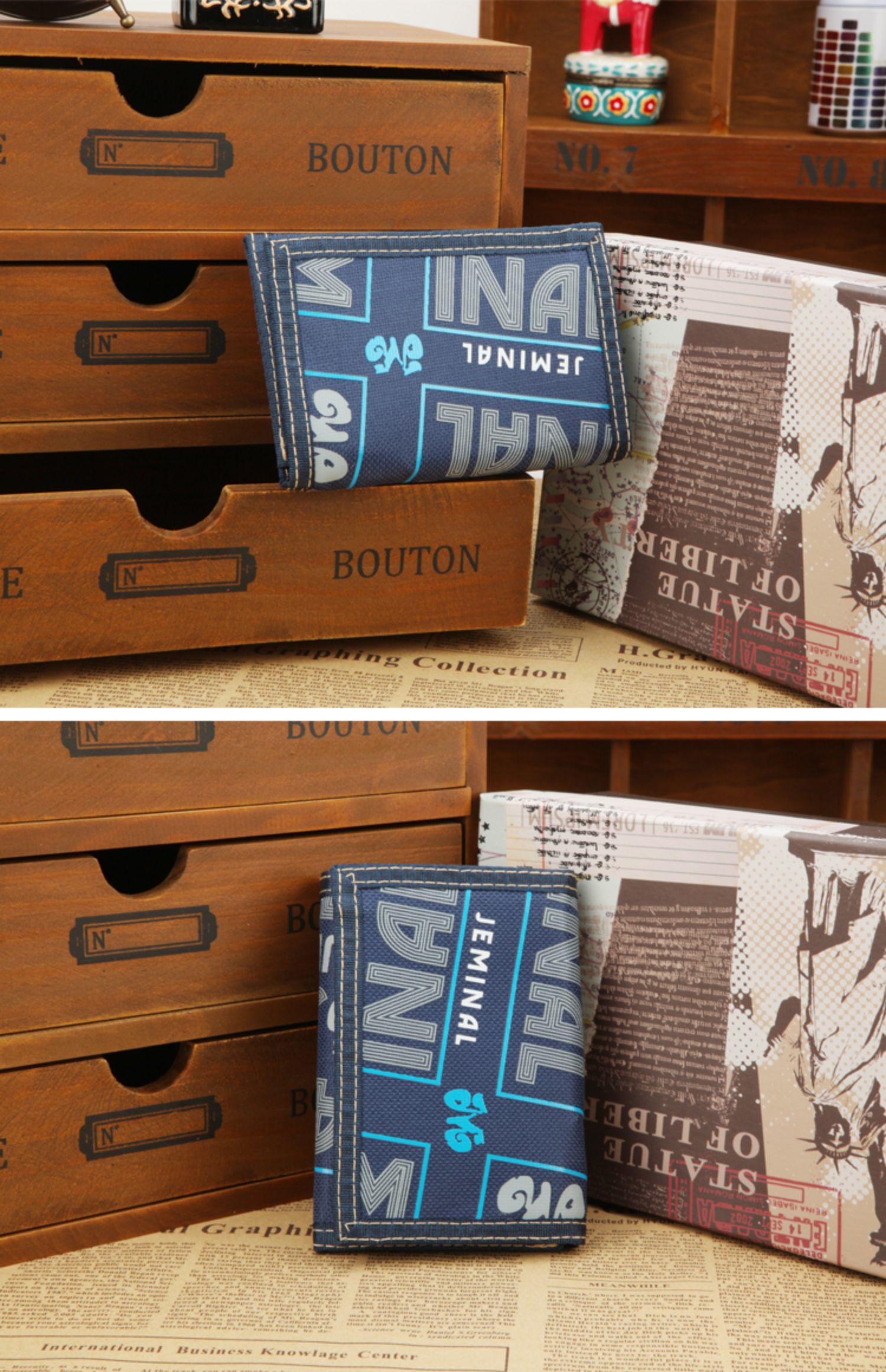 三つ折り 財布 デニム風プリント柄コンパクト三つ折り財布