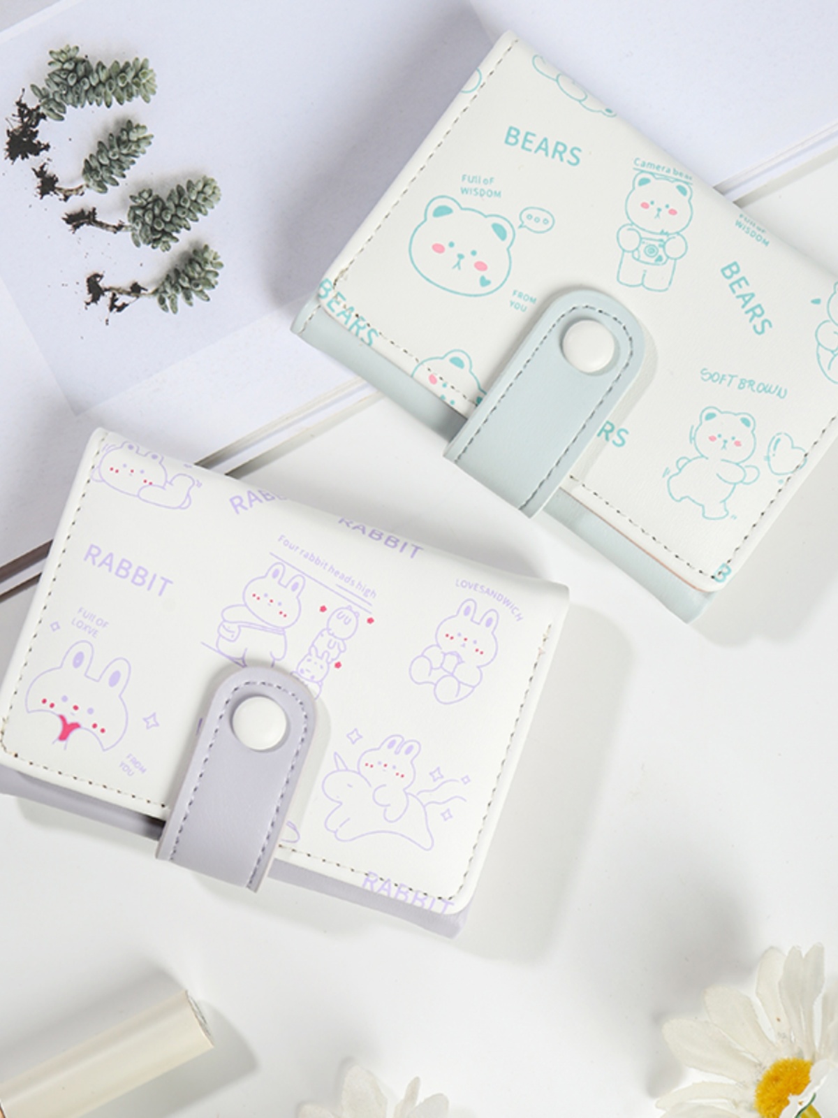 三つ折り 財布 コンパクト 動物イラスト ボタン留め薄型財布