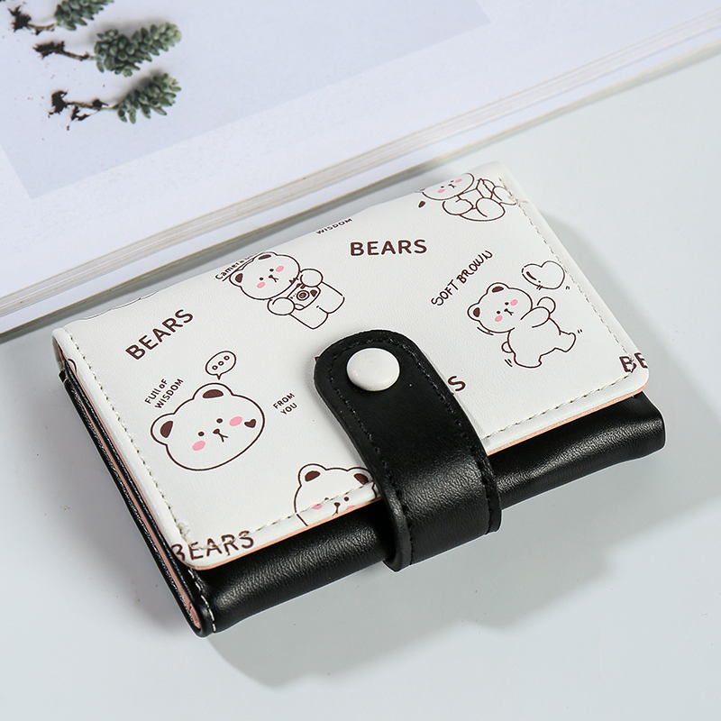 三つ折り 財布 コンパクト 動物イラスト ボタン留め薄型財布