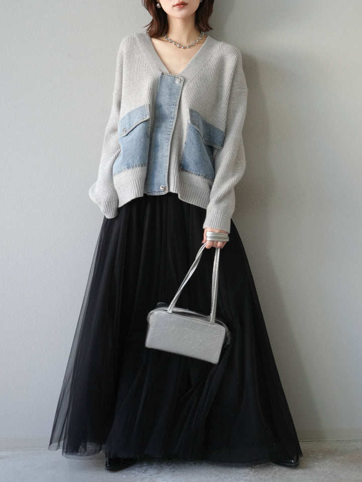 モード系 【M〜3XL対応】デニムポケット切替ニットカーディガン｜異素材ミックス・体型カバー・大人カジュアル