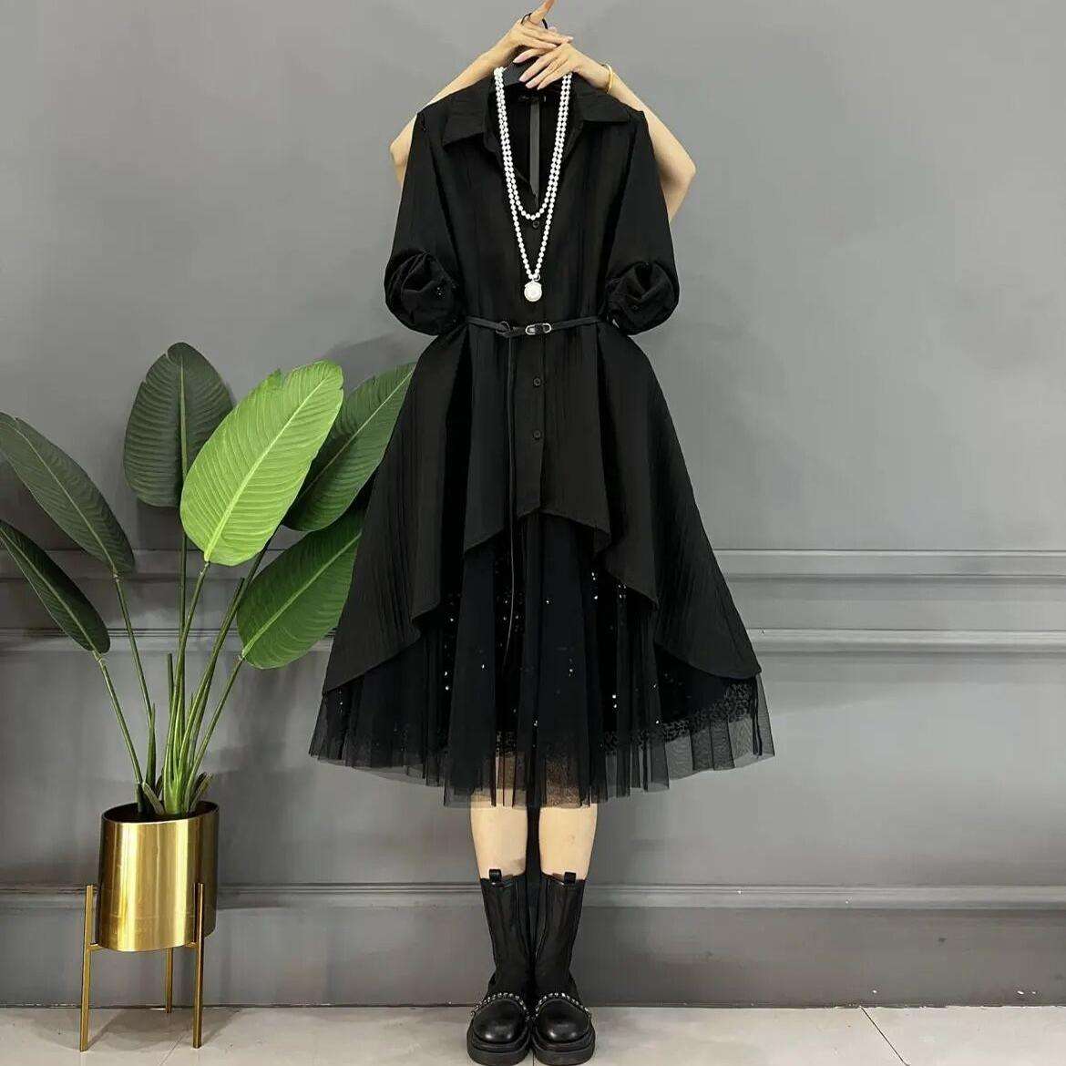 モード系ファッション レイヤードチュールパフスリーブワンピース
