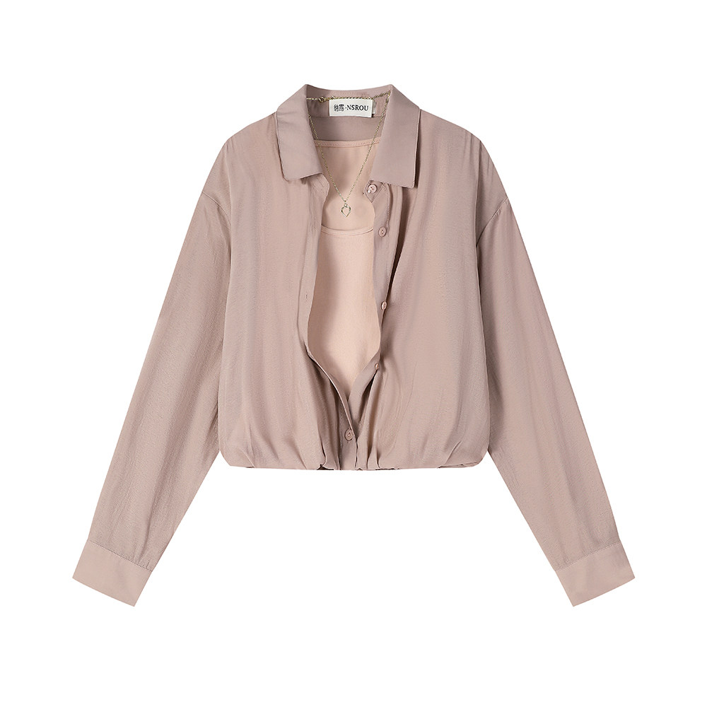 モード系 【フリーサイズ】シアーシャツ×インナー風ドッキング ショートトップス