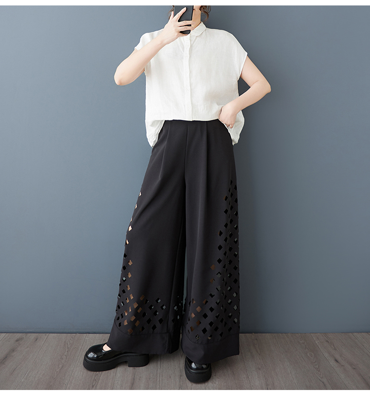 モード系 涼しげ透けパンチングワイドパンツ｜体型カバー＆通気性抜群のモード黒／グレー