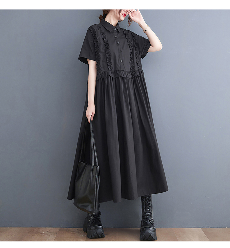 モード系 シルエットで魅せる無地シャツワンピース｜上品フリル×体型カバー×2色展開