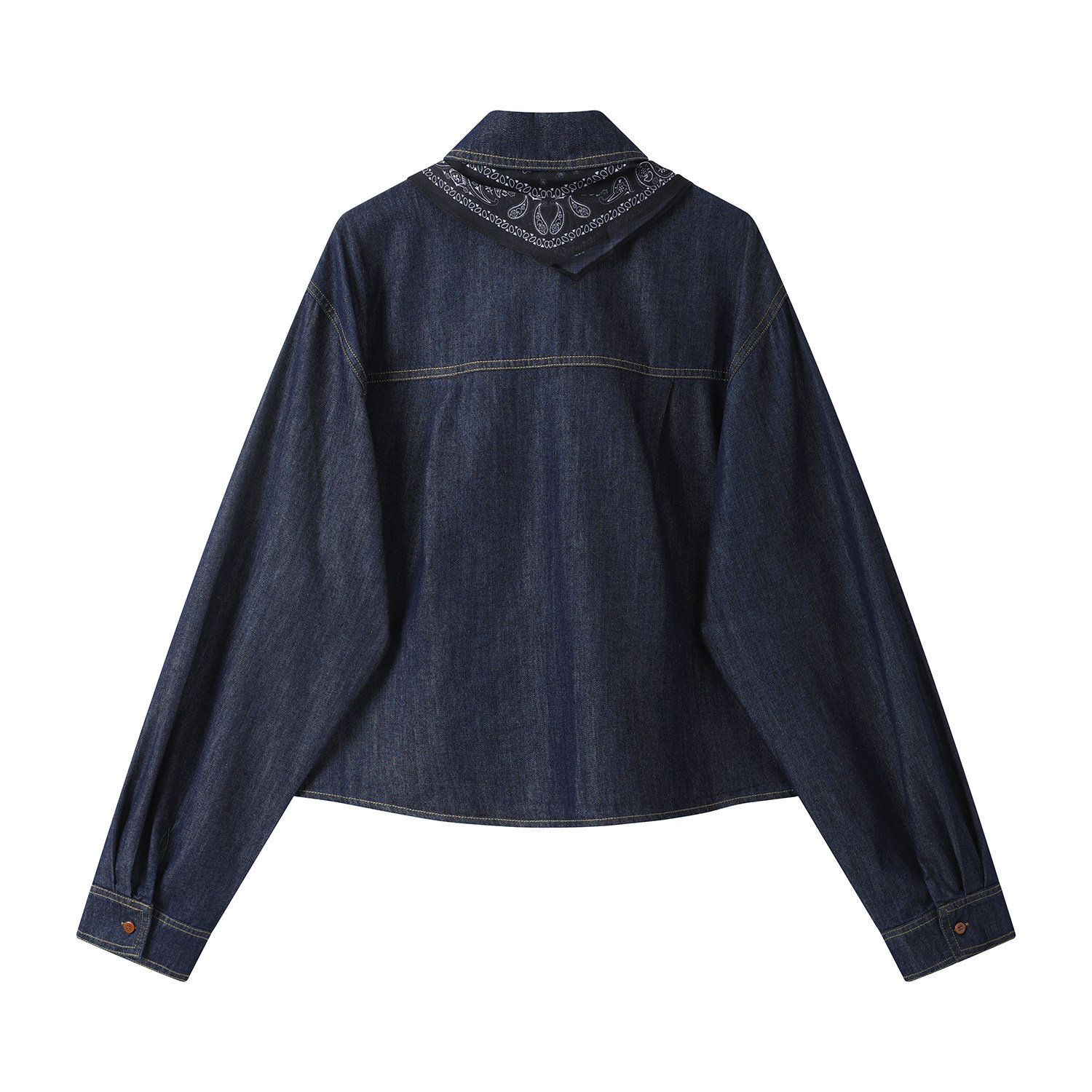 モード系 【S・M展開】リブ切替スカーフデザイン デニムシャツトップス