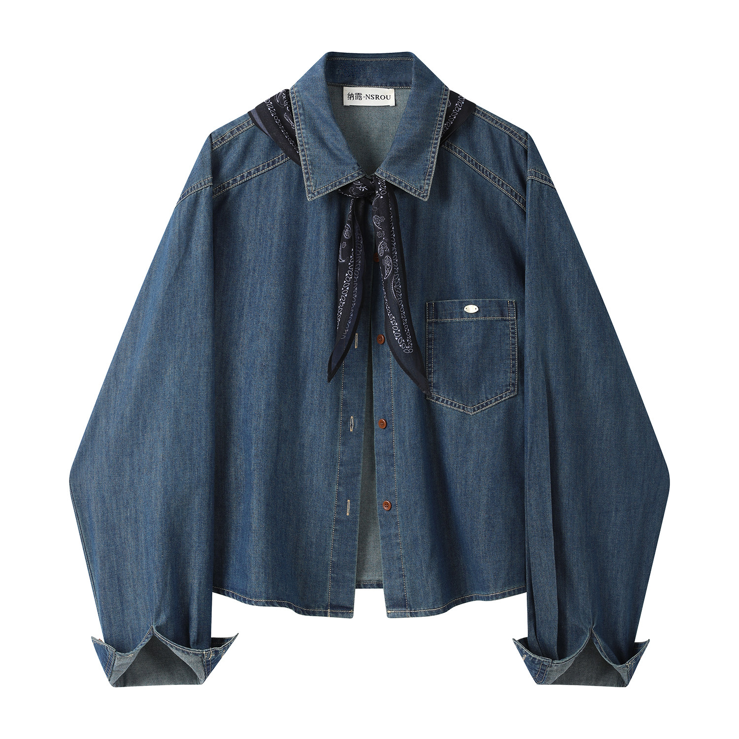 モード系 【S・M展開】リブ切替スカーフデザイン デニムシャツトップス