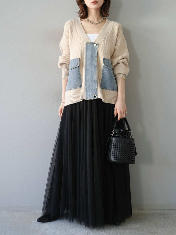 モード系 【M〜3XL対応】デニムポケット切替ニットカーディガン｜異素材ミックス・体型カバー・大人カジュアル