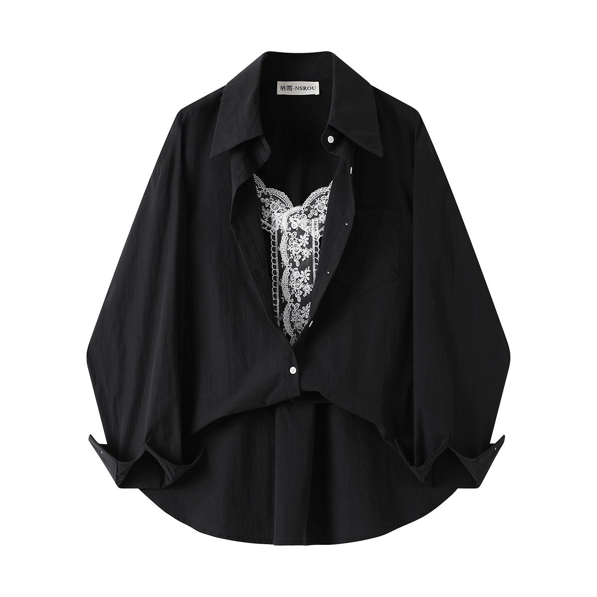 モード系 【レースインナー付き 変形レイヤードシャツアウター（ホワイト／ブラック）】