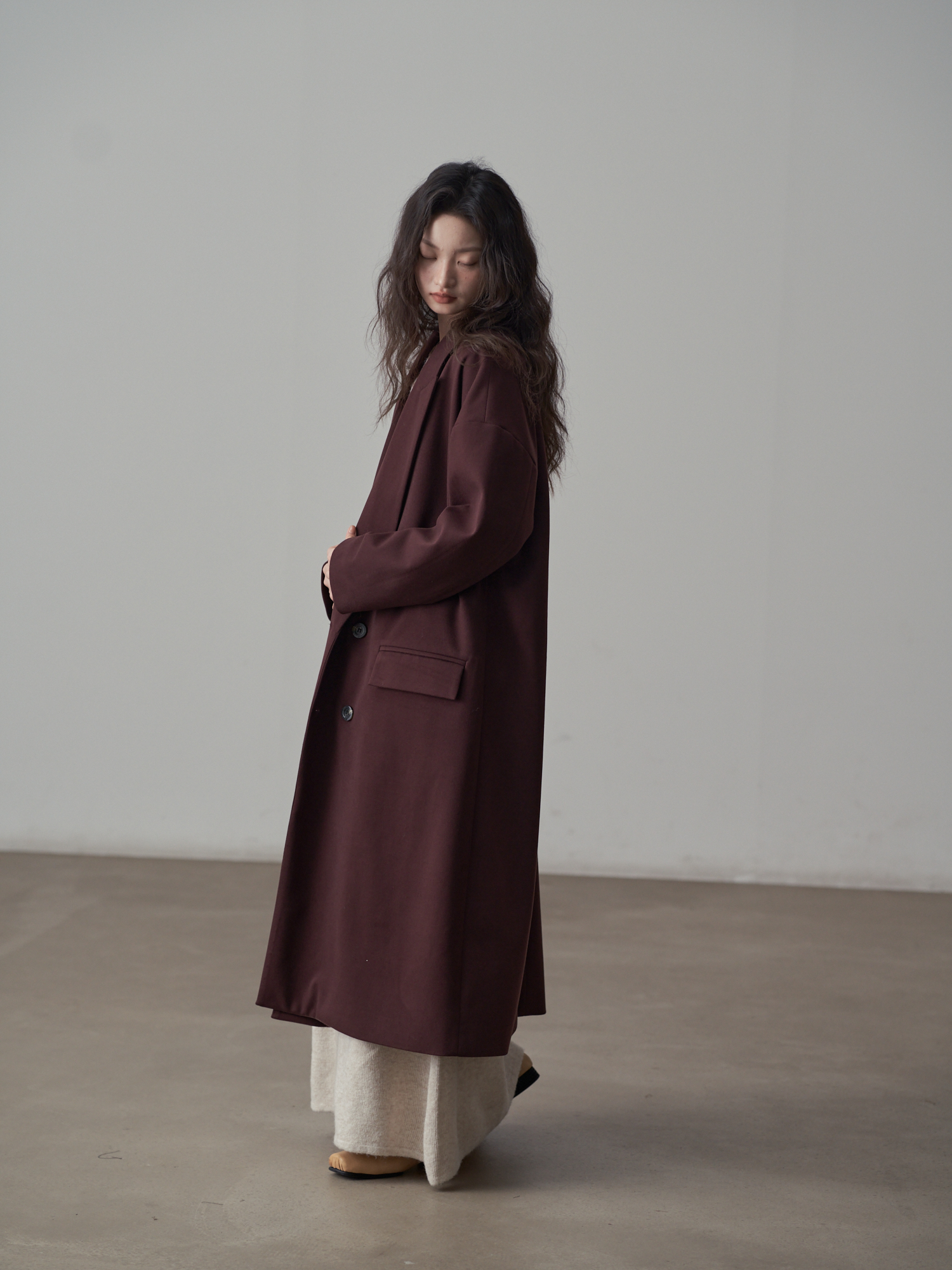 モード系 ゆったりオーバーサイズダブルブレストロングコート