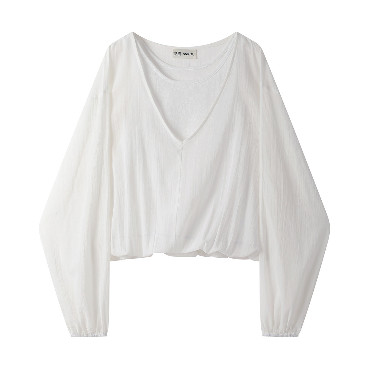モード系 【M〜3XL対応】シアー×カットソードッキング Vネックトップス