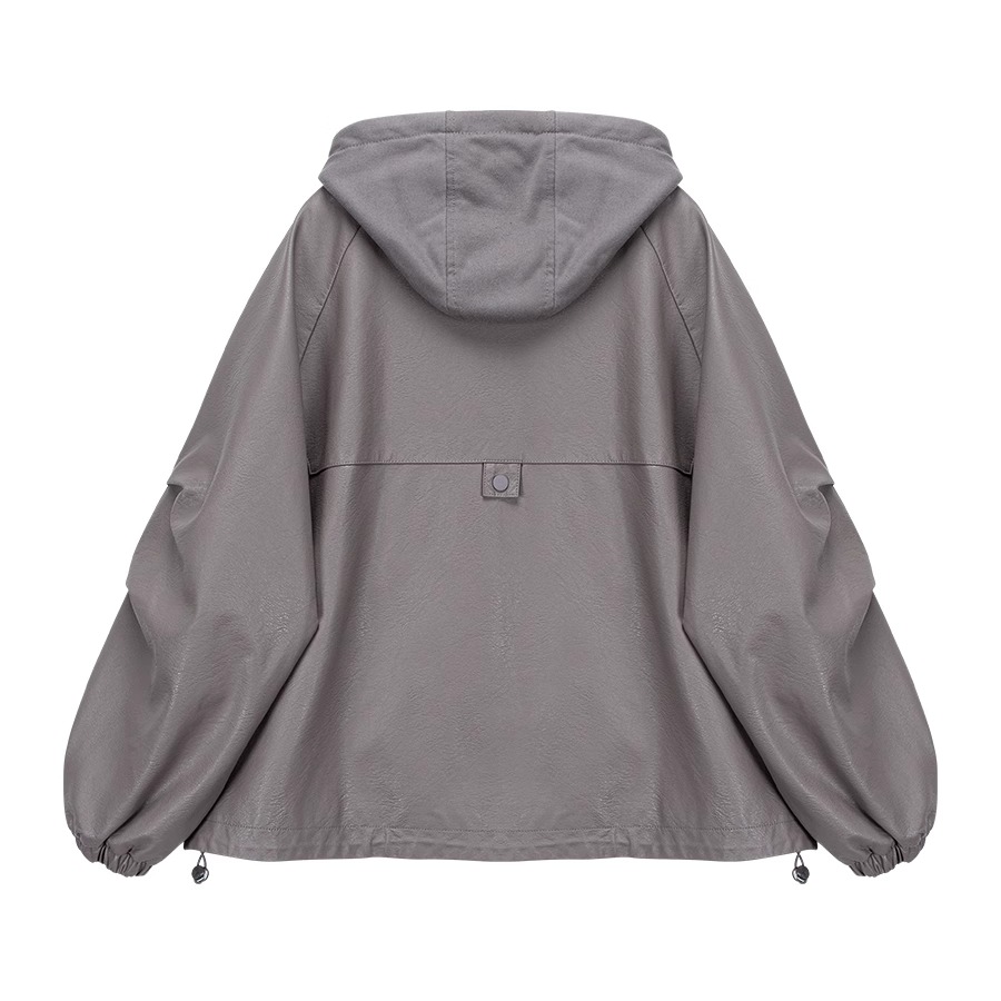 モード系 【M〜XL】フェイクレザー×フーディ切替ショートアウター