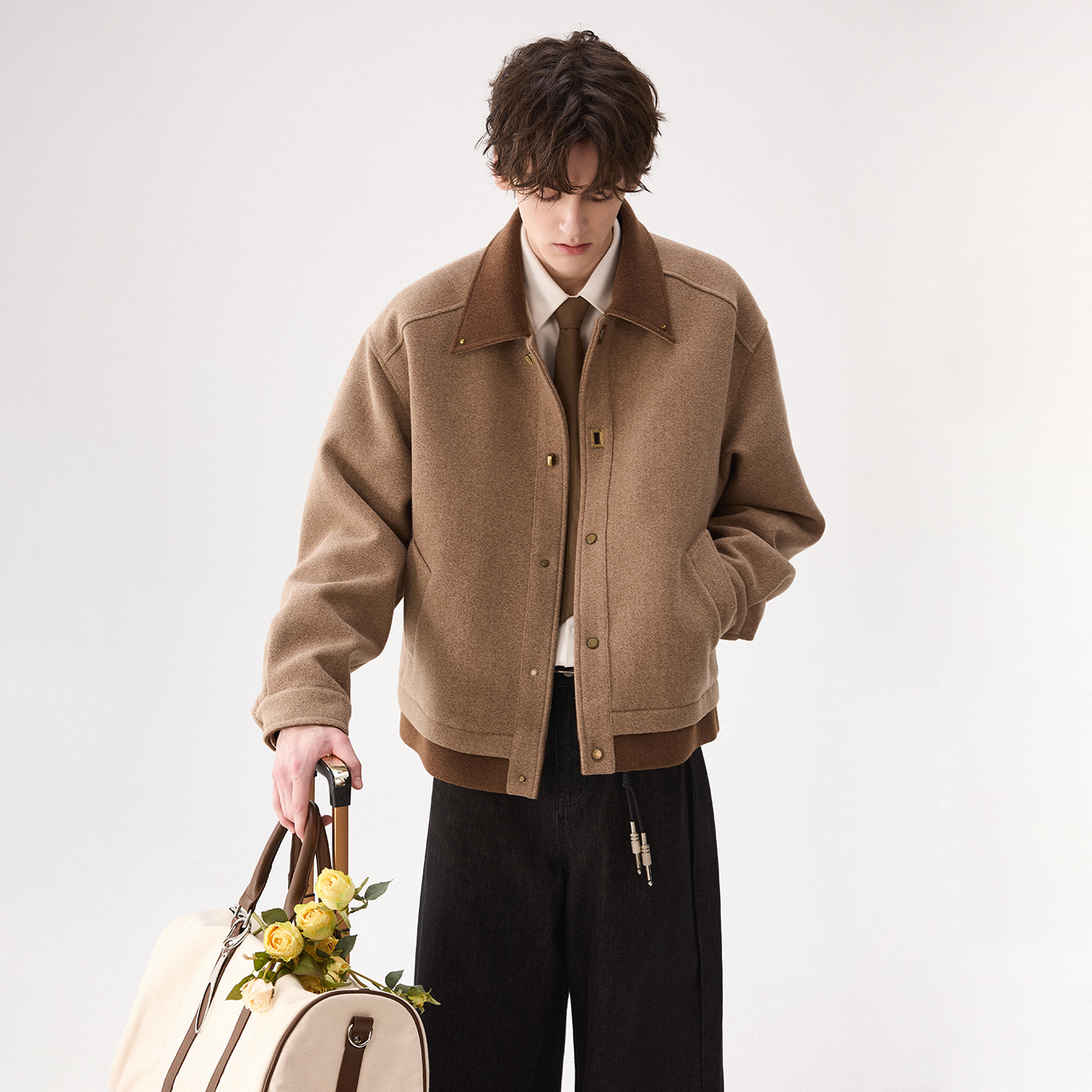 モード系 【ウール混×金具ボタン】上品さが際立つショート丈モードジャケット（ブラック／ブラウン）