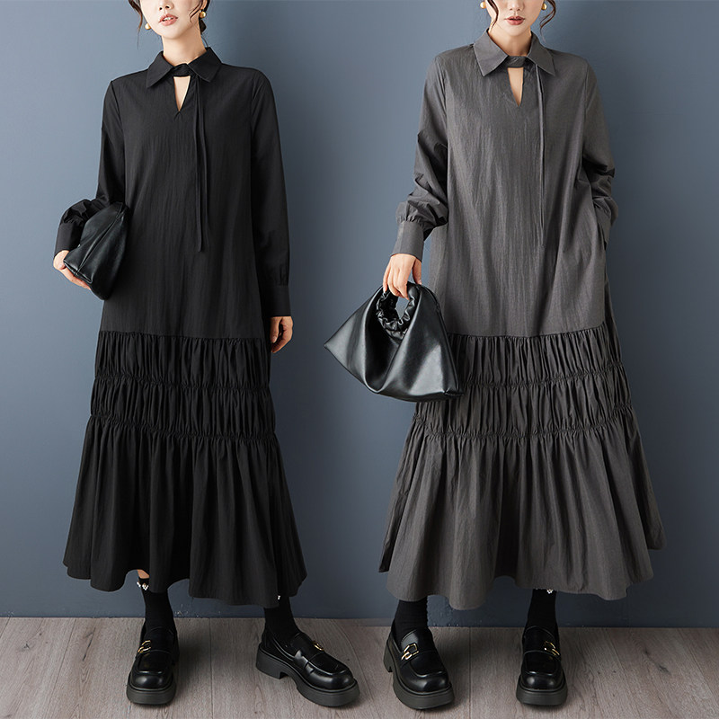 モード系 【M〜3XL対応】襟デザイン×ティアード切替 ロングシャツワンピース