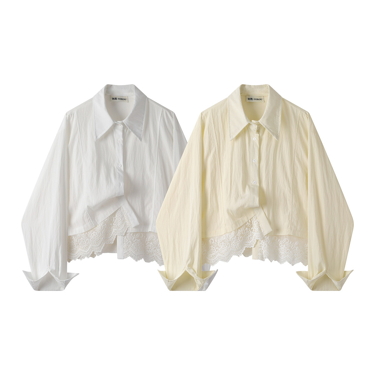 モード系 【M〜XL相当】レース切替 ショート丈シャツ｜レディース シアー レース ブラウス