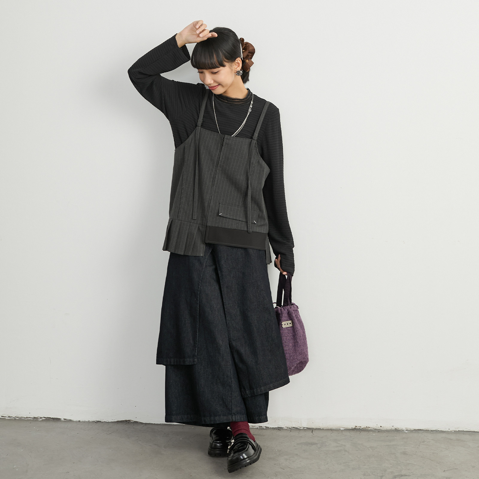 モード系 【フリーサイズ】立体テクスチャー クルーネックロングスリーブトップス