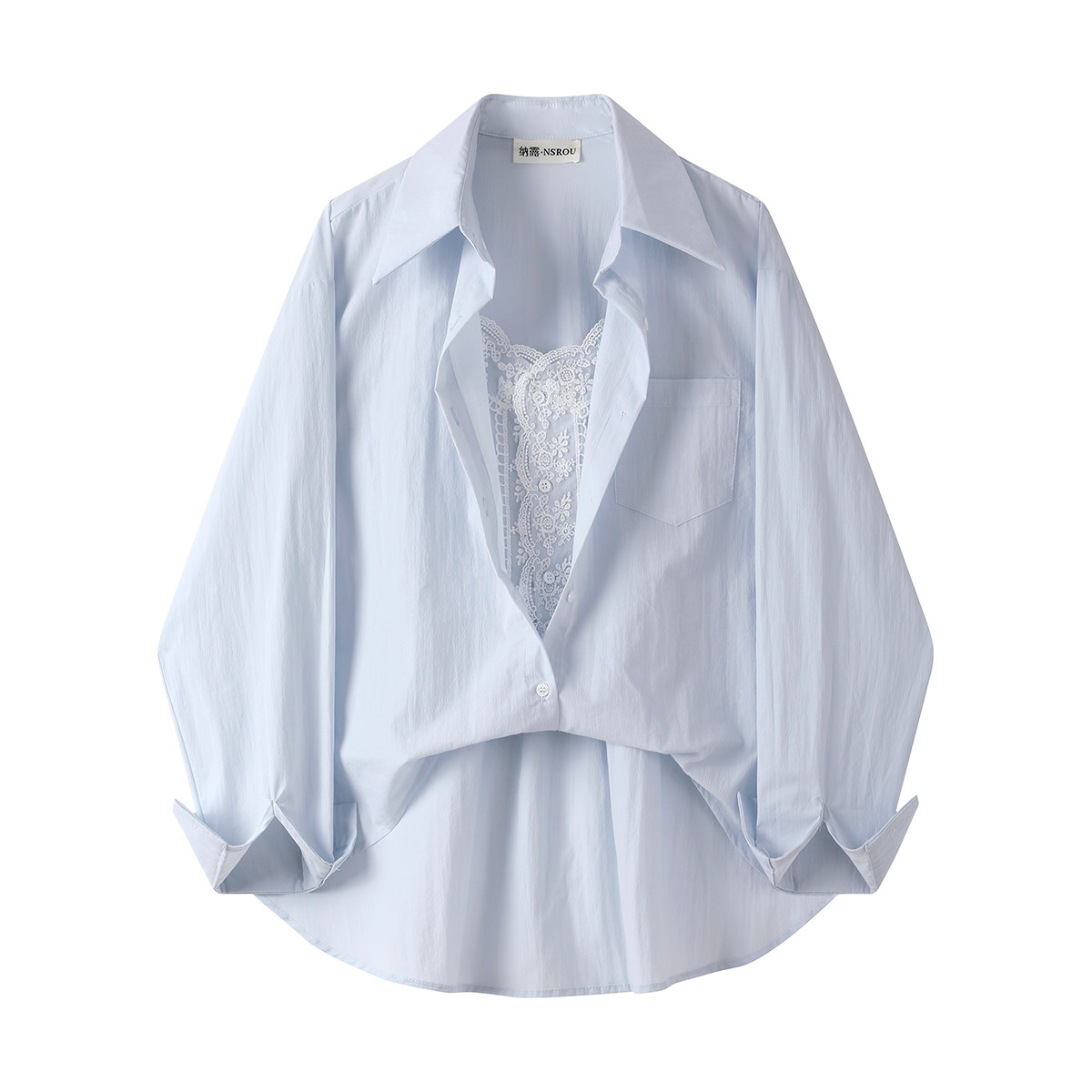 モード系 【レースインナー付き 変形レイヤードシャツアウター（ホワイト／ブラック）】