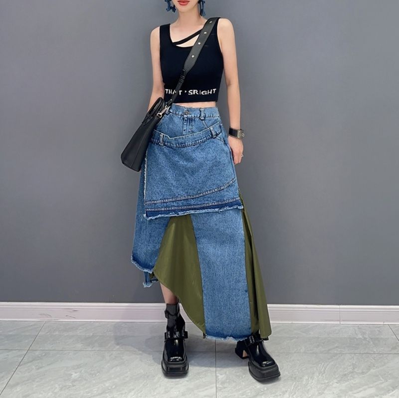 モード系 【大胆な切替が視線を奪う、アシンメトリーデニムマーメイドスカート】
