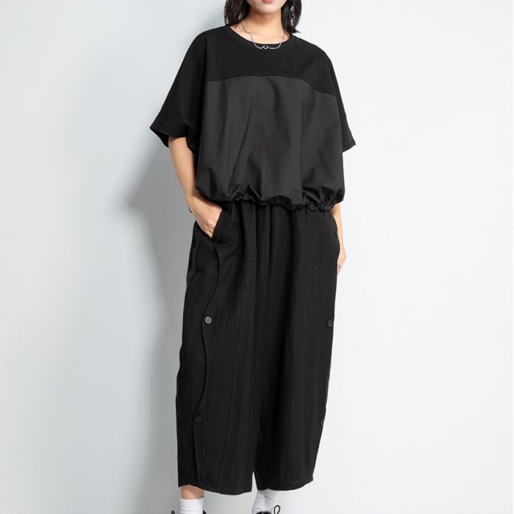 モード系 【立体感のあるモードスタイルを叶える、ドロスト裾×切り替えTシャツ】