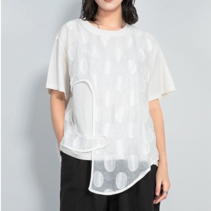 モード系 モード感際立つレイヤード風トップス｜個性派カット×ドット柄シアーで夏も差がつく一枚