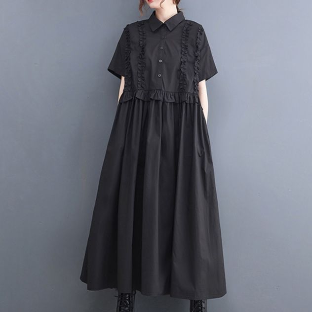 モード系 シルエットで魅せる無地シャツワンピース｜上品フリル×体型カバー×2色展開