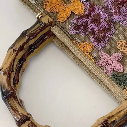 モード系 【モード×ヴィンテージ】バンブーハンドル×刺繍フラワーのクラシカルバッグ