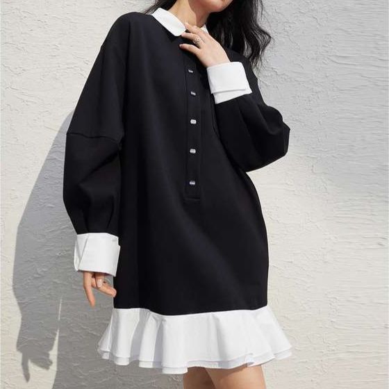 モード系ファッション M〜3XL対応｜配色フリルが華やぐバイカラービッグカラーシャツワンピース｜体型カバーも叶う甘辛ミックスワンピ
