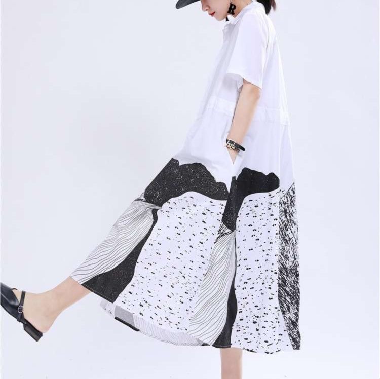 モード系 アートプリントシャツワンピース｜体型カバー 高見え ゆったりシルエット Aライン 夏ワンピ レディース