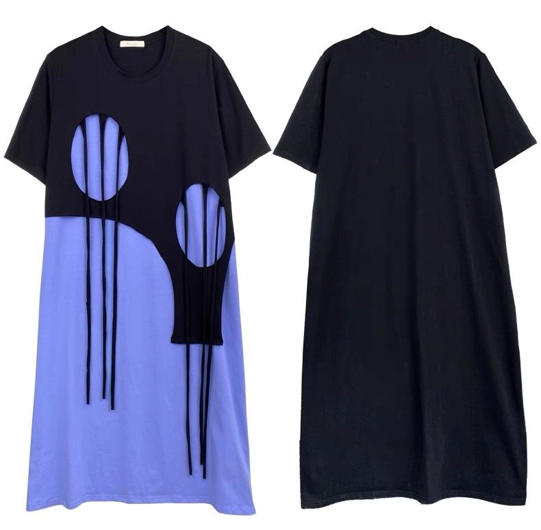モード系ファッション 【ワンサイズ対応】円形カットアウト×ドローストリングデザインTシャツワンピース