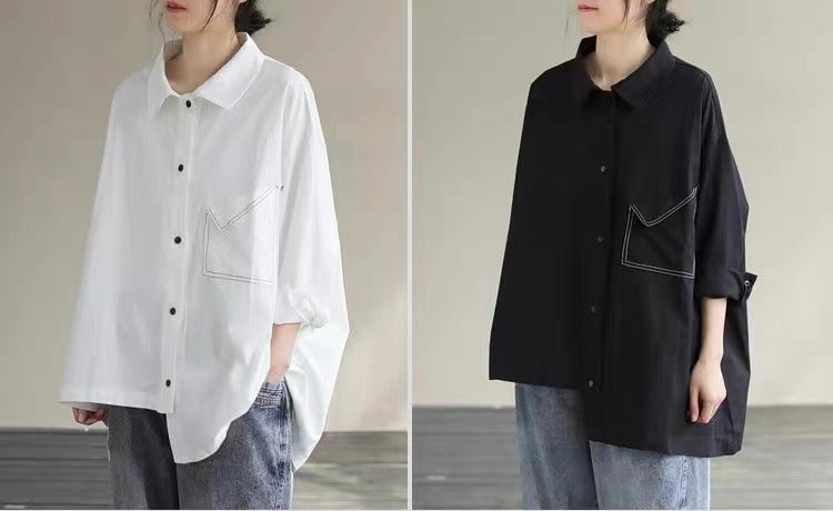 モード系ファッション プチプラ【L〜XXL対応】ブラック｜ステッチポケット綿ビッグシャツ