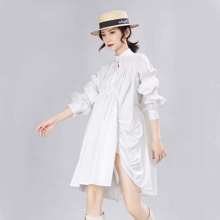 モード系ファッション プチプラ【ボリュームスリーブ×ギャザー】ドラマティックコットンシャツワンピース(全4色)