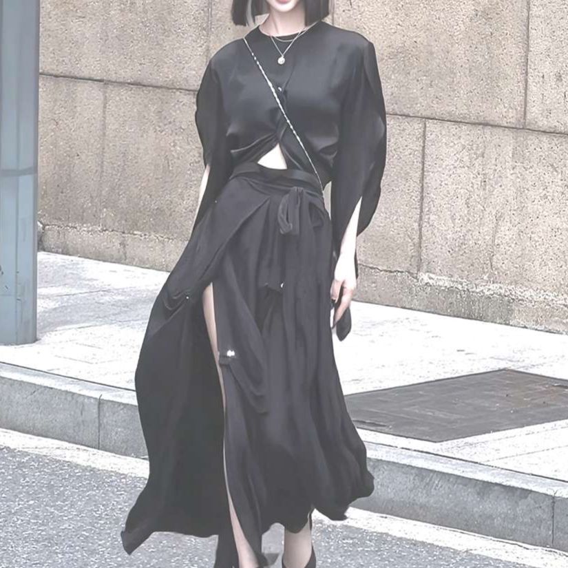 モード系ファッション フロントツイストラップマキシスカート