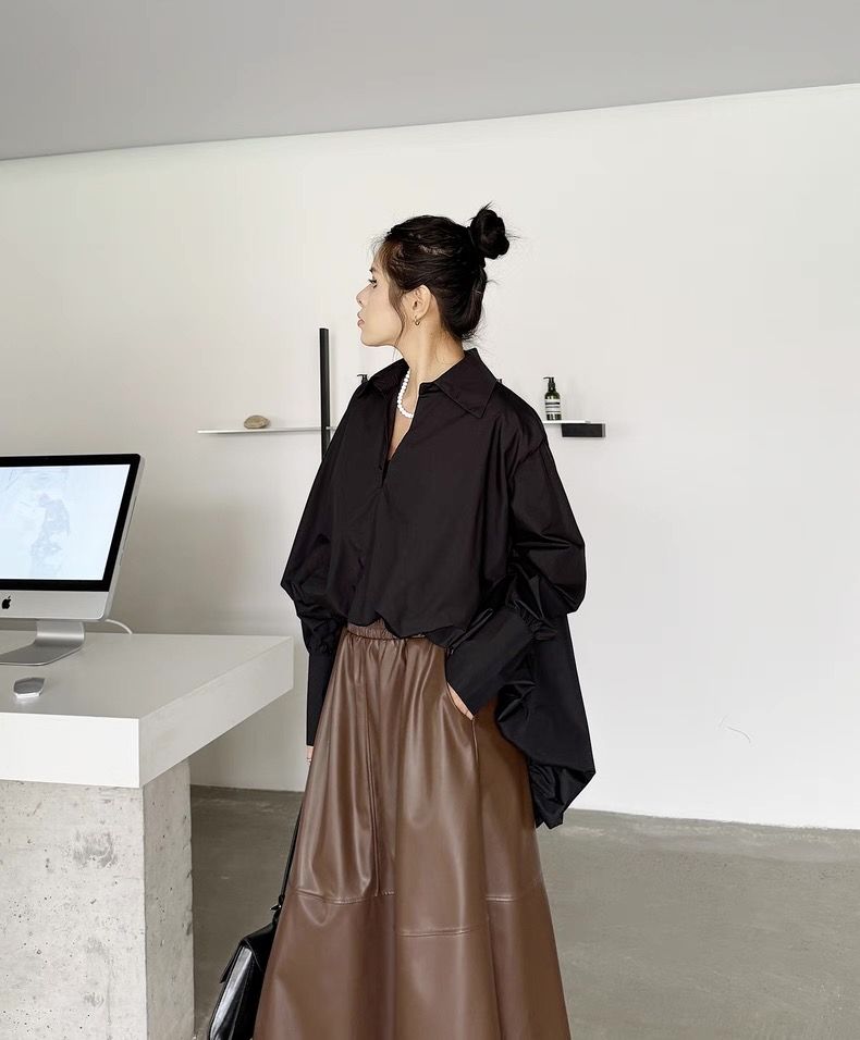 モード系ファッション 【体型カバー×スタイルアップ】バルーンヘム ロングカフスデザインシャツ
