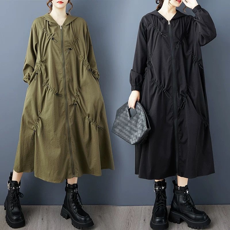 モード系ファッション【ロング丈・軽量フード付きアウター】配色ドロストデザインで魅せる1枚｜秋冬春の3シーズン対応