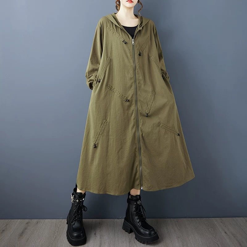 モード系ファッション【ロング丈・軽量フード付きアウター】配色ドロストデザインで魅せる1枚｜秋冬春の3シーズン対応