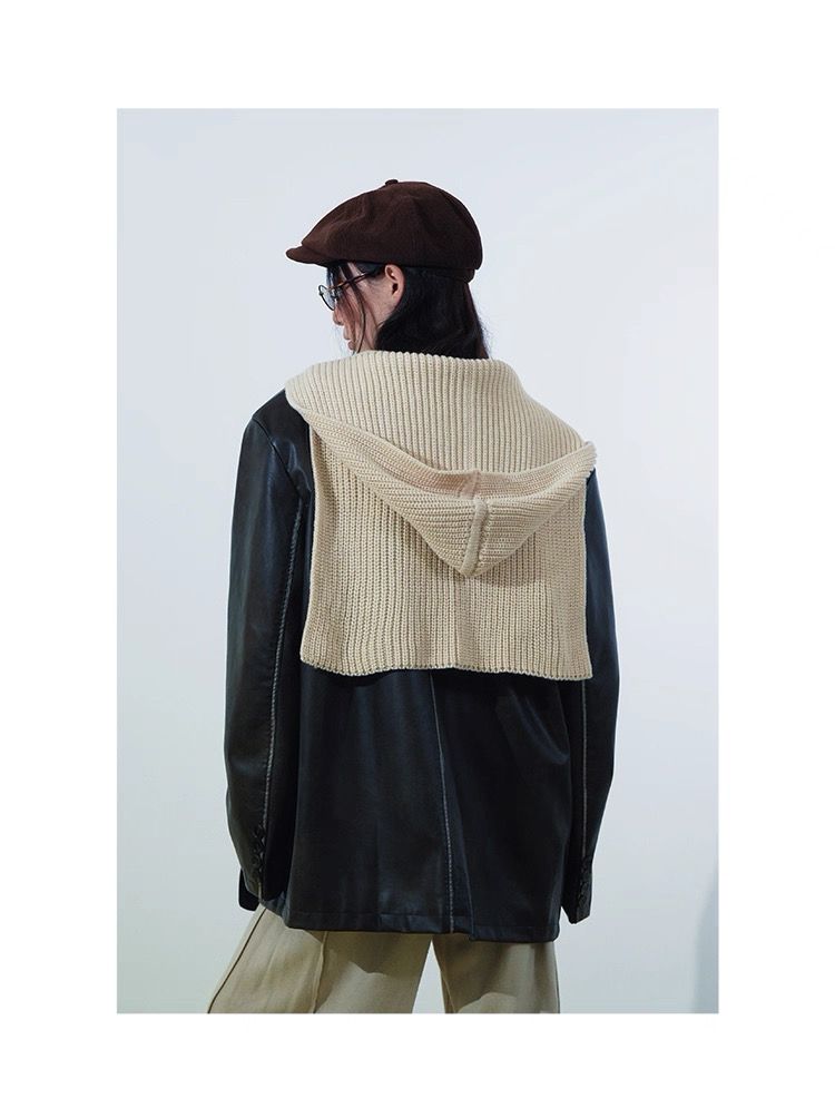 モード系ファッションユニセックス対応】フード付きロングニットマフラー｜多様な巻き方で魅せるモードな防寒ストール