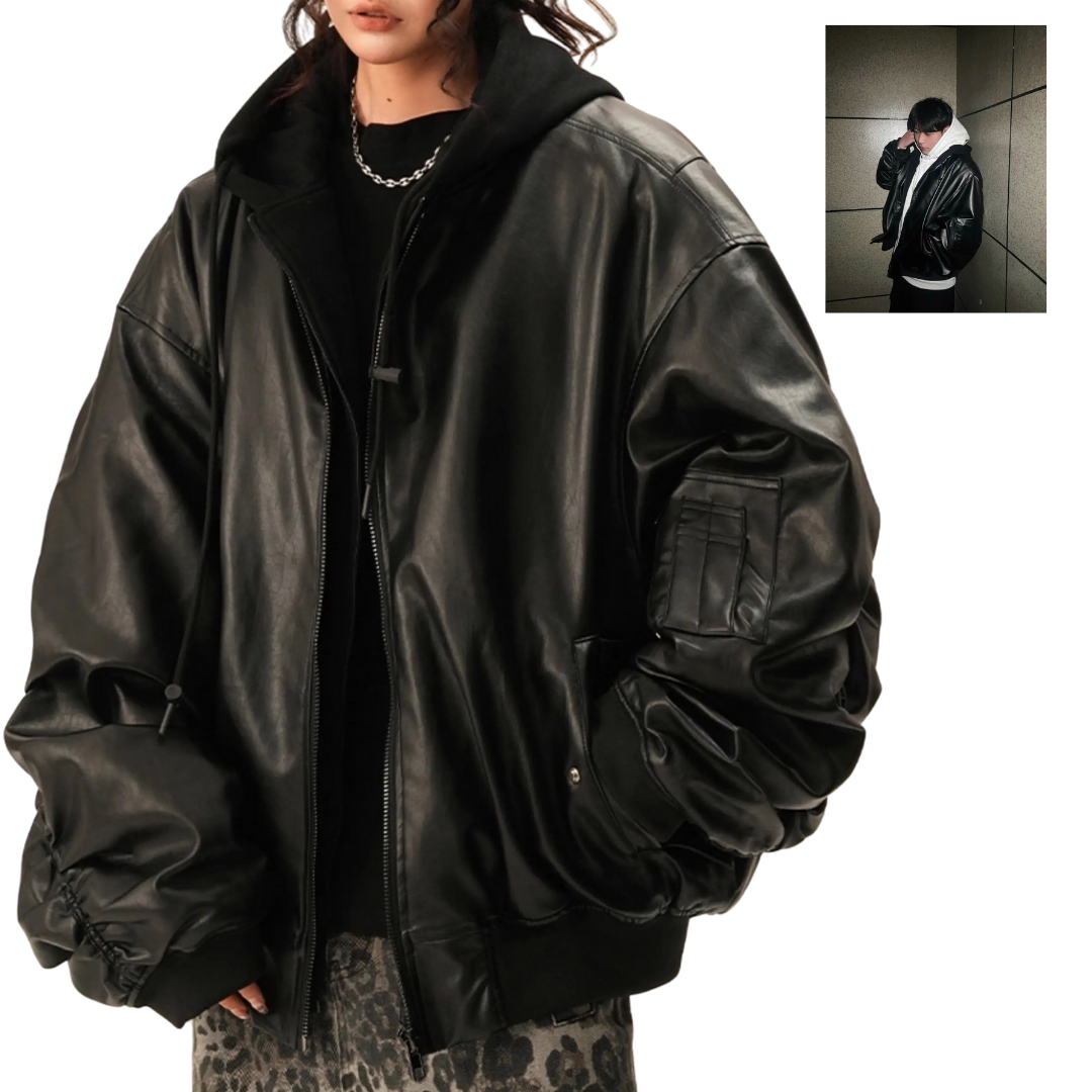 モード系ファッション【ユニセックス対応】オーバーサイズPUレザーボンバーアウター｜美式重厚フェイクレザーで魅せるモードブルゾン