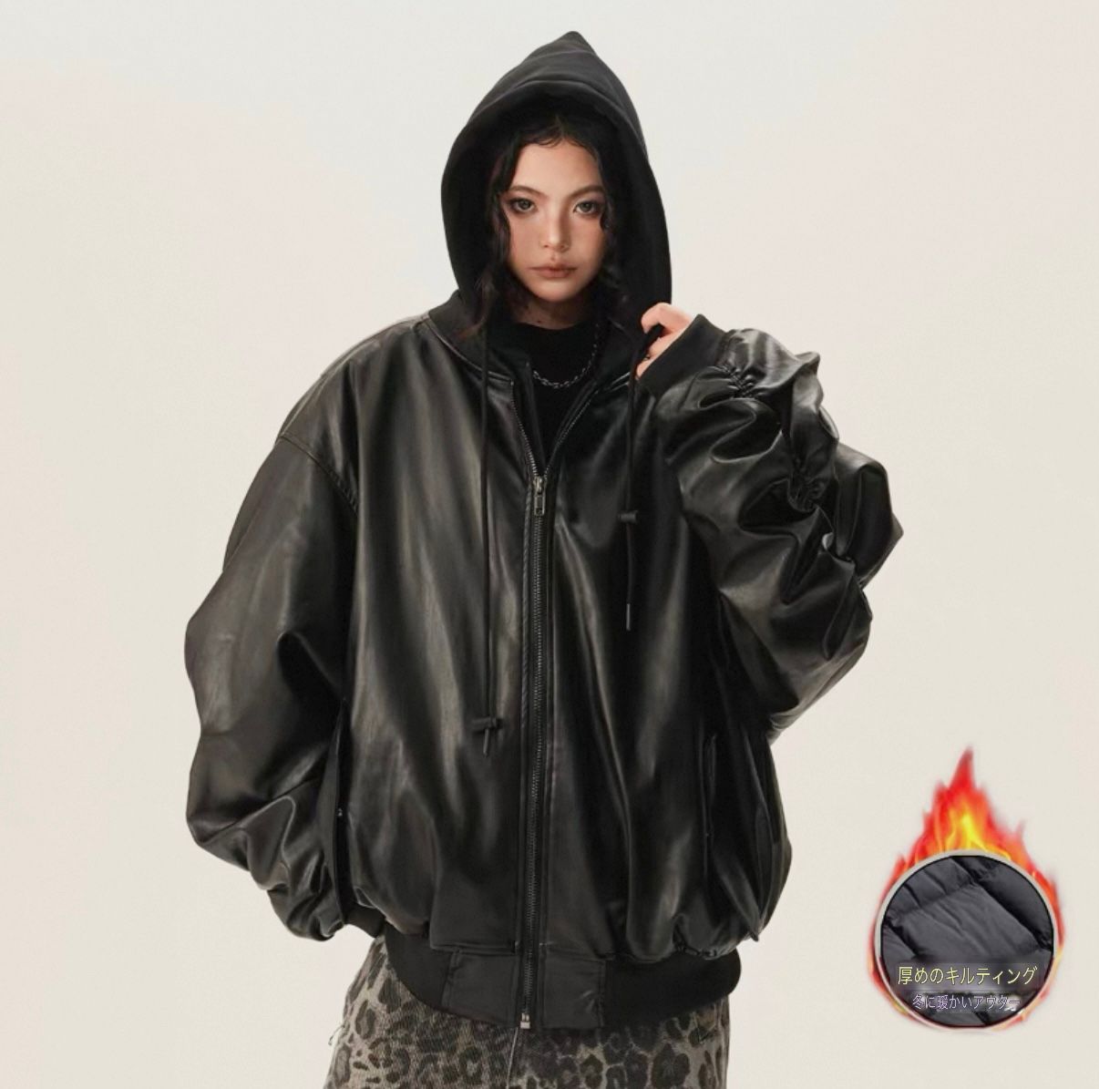 モード系ファッション【ユニセックス対応】キルティングPUレザーオーバーブルゾン