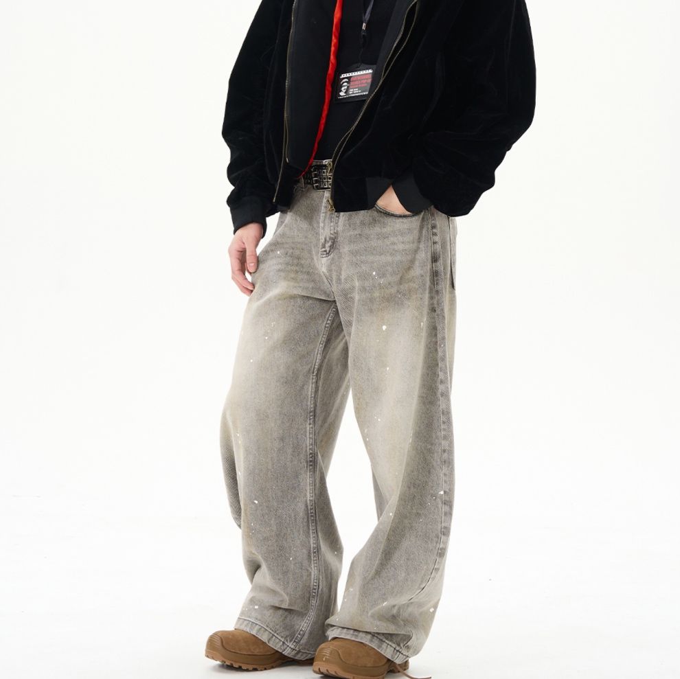 モード系 ペイントスプラッシュワイドデニムパンツ