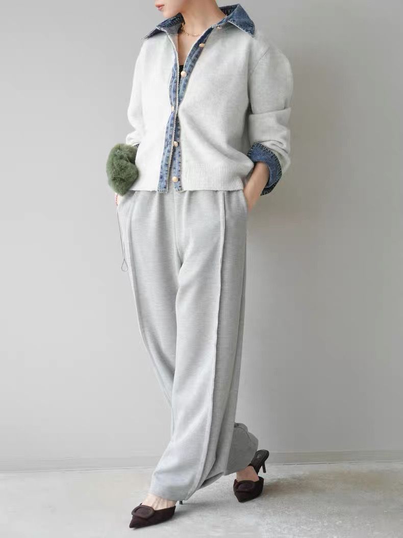 モード系ファッション【デニムレイヤード風】フェイクシャツ切替ニットトップス／モードカジュアルに映える異素材ミックス