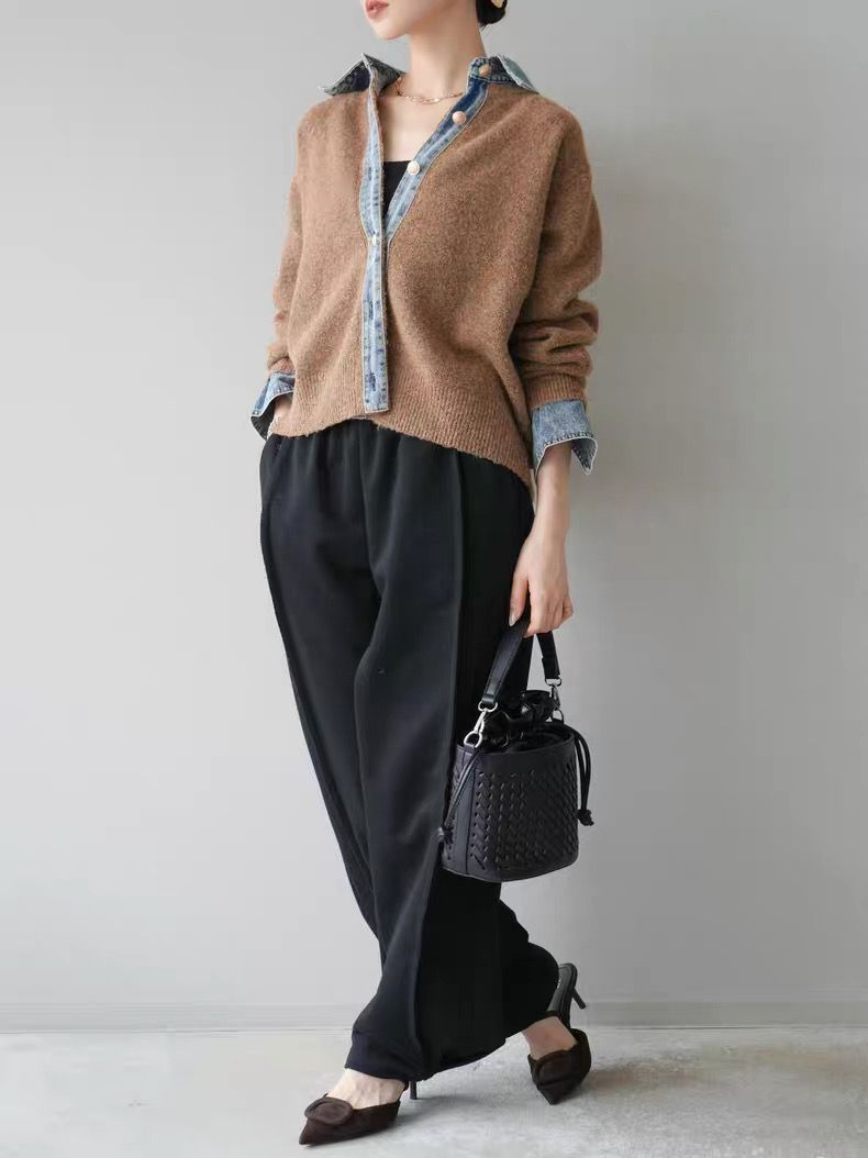 モード系ファッション【デニムレイヤード風】フェイクシャツ切替ニットトップス／モードカジュアルに映える異素材ミックス