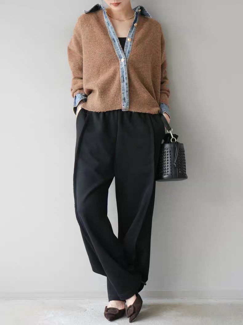 モード系ファッション【デニムレイヤード風】フェイクシャツ切替ニットトップス／モードカジュアルに映える異素材ミックス