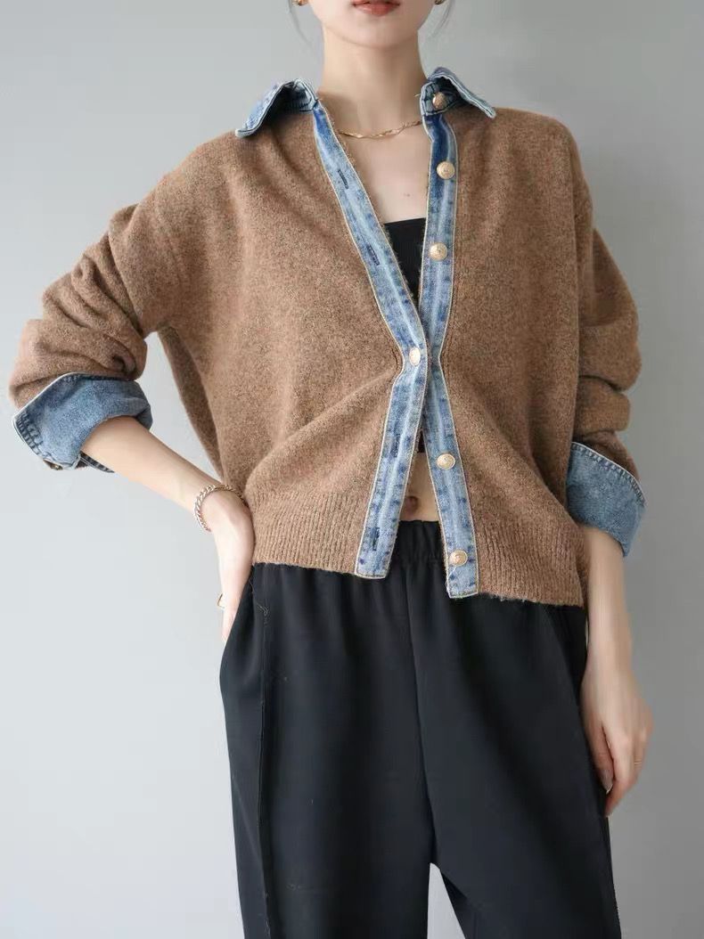 モード系ファッション【デニムレイヤード風】フェイクシャツ切替ニットトップス／モードカジュアルに映える異素材ミックス